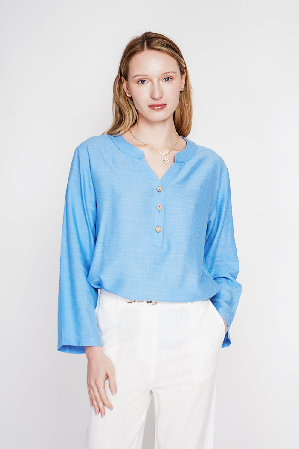 Tunique col tunisien boutonnée, manches longues – Bleu azur – Le Jardin du Lin