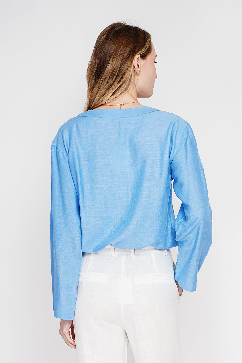 Tunique col tunisien boutonnée, manches longues – Bleu azur – Le Jardin du Lin