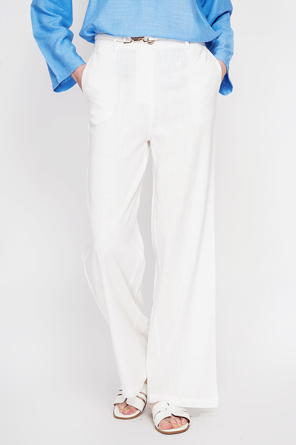 Pantalon large coupe droite, poches latérales, fermeture zippée – Blanc – Le Jardin du Lin