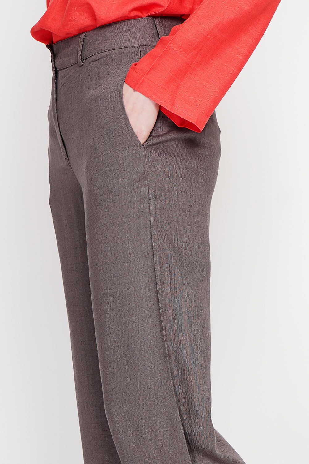 Pantalon large coupe droite, poches latérales, fermeture zippée – Cacao – Le Jardin du Lin