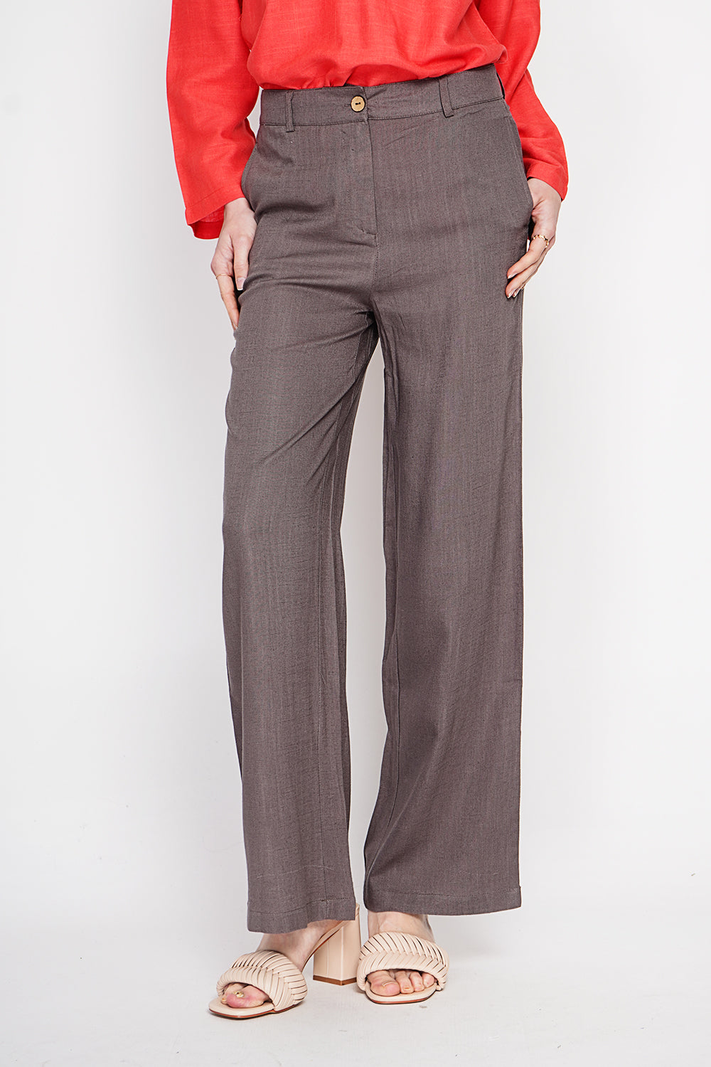 Pantalon large coupe droite, poches latérales, fermeture zippée – Cacao – Le Jardin du Lin