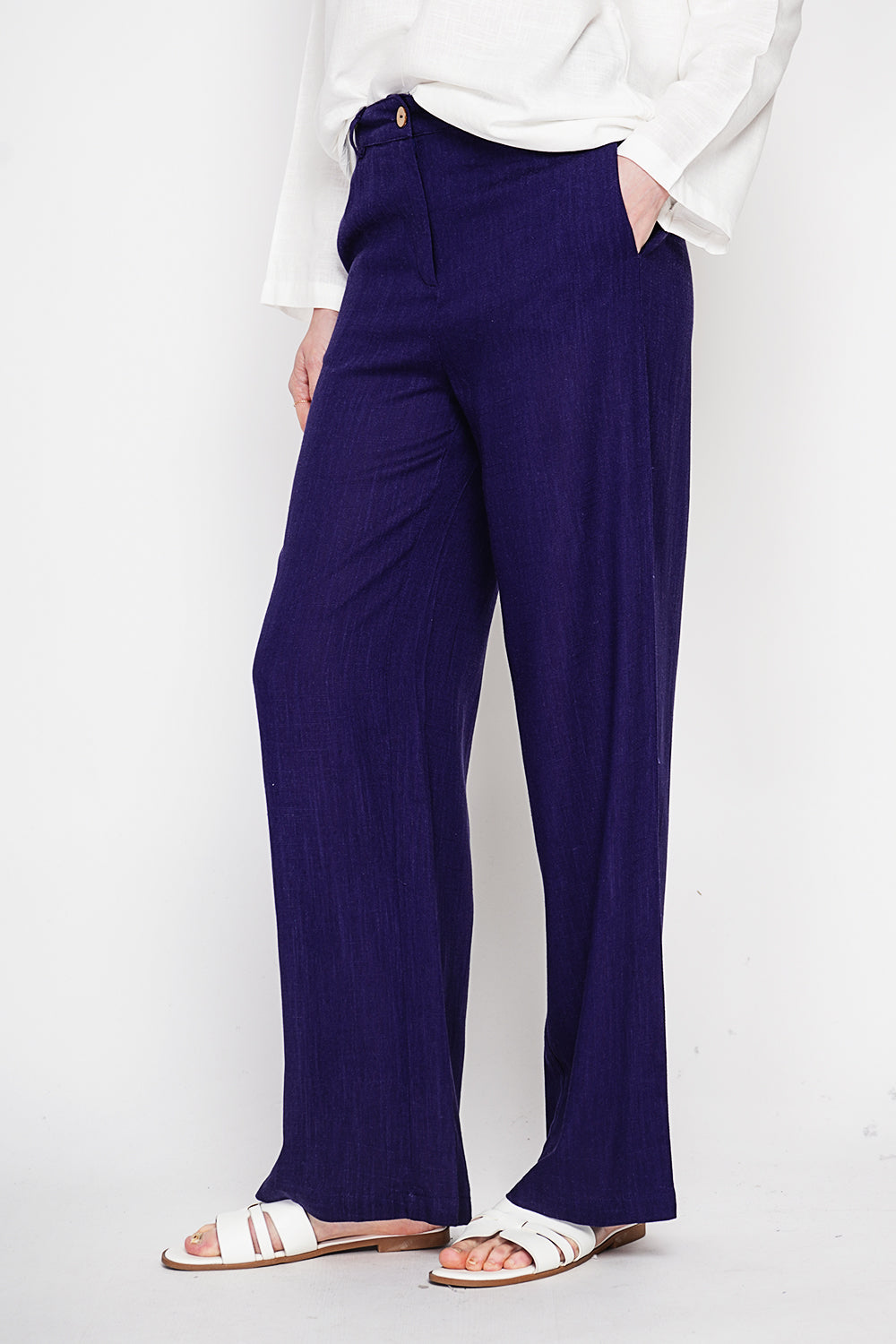 Pantalon large coupe droite, poches latérales, fermeture zippée – Bleu marine – Le Jardin du Lin