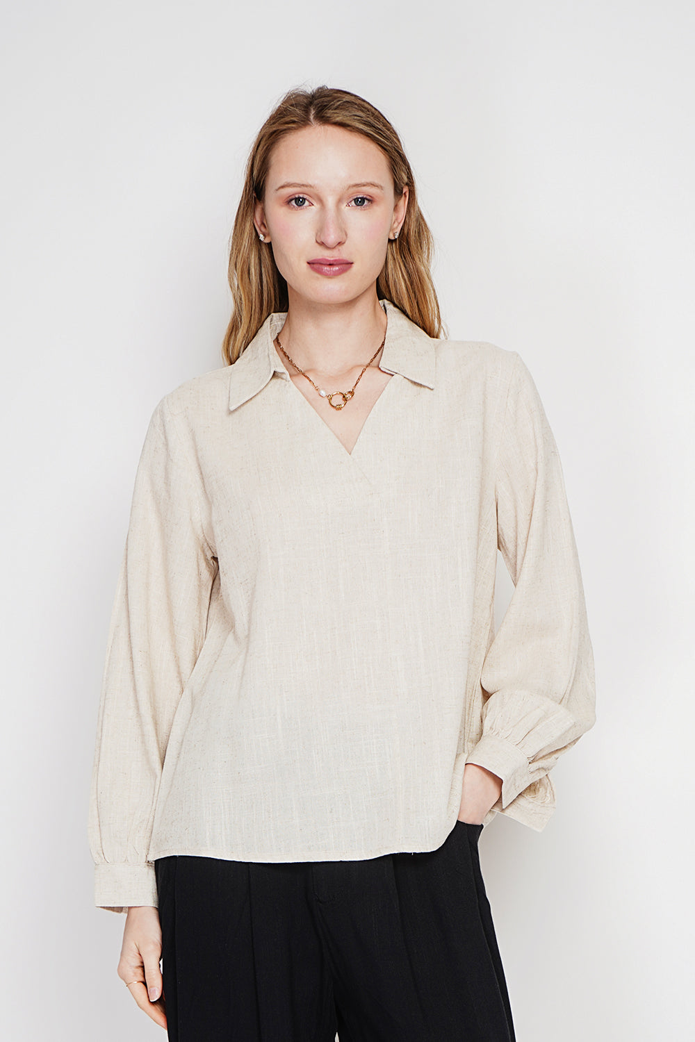 Blouse évasée col chemise, manches longues – Lin – Le Jardin du Lin