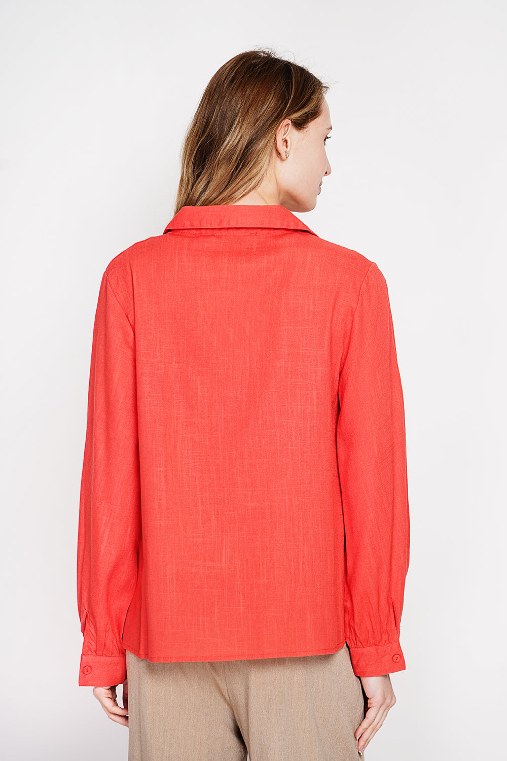 Blouse évasée col chemise, manches longues – Rouge – Le Jardin du Lin