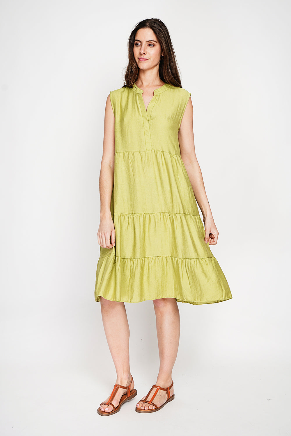Robe gaufrée à étages col tunisien – Citron – Le Jardin du Lin