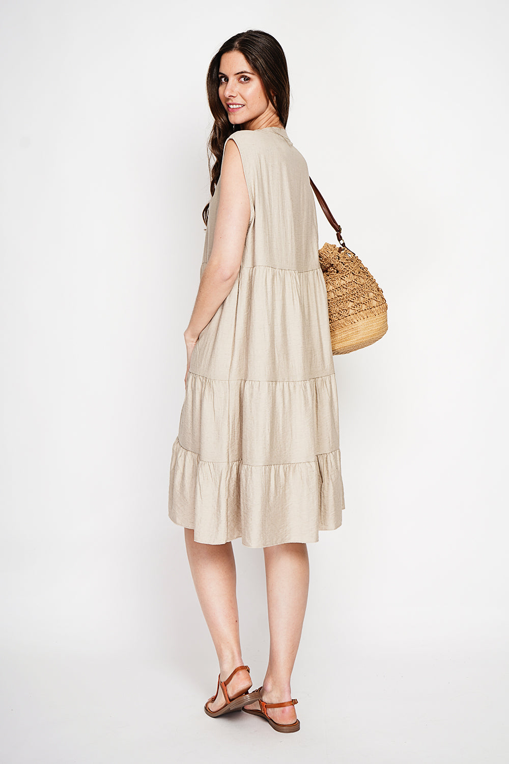 Robe gaufrée à étages col tunisien – Lin – Le Jardin du Lin