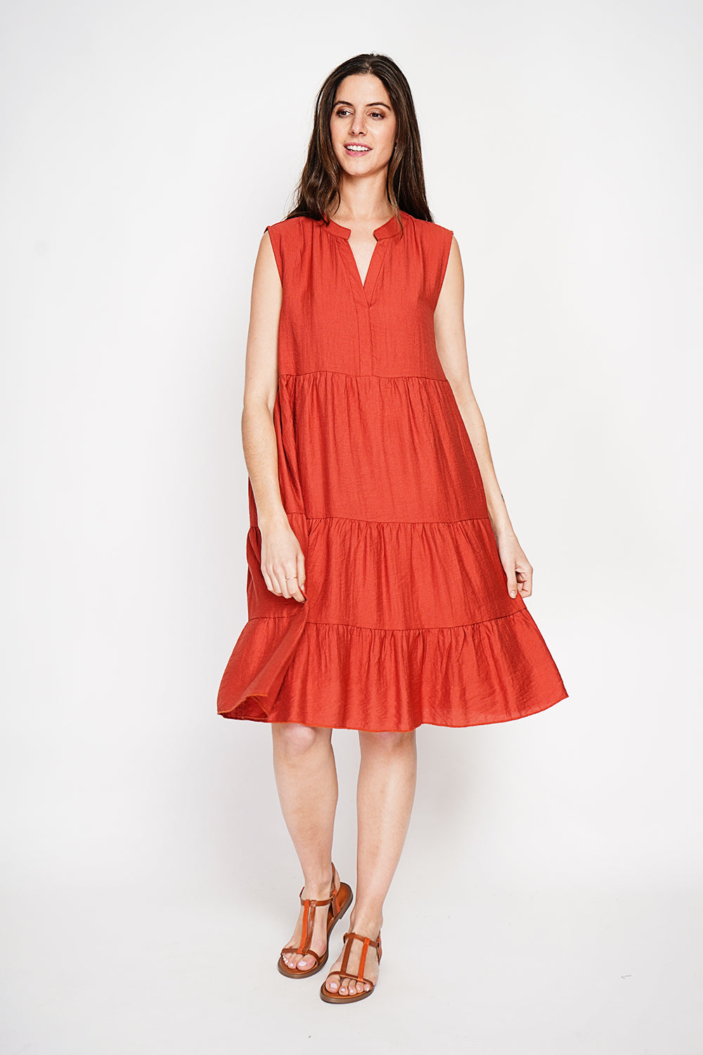 Robe gaufrée à étages col tunisien – Rooibos – Le Jardin du Lin
