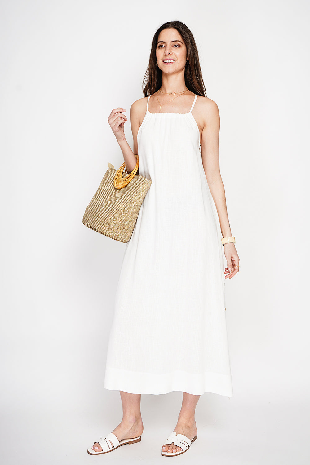 Robe longue à bretelles boutonnée sur les côtés – Blanc – Le Jardin du Lin