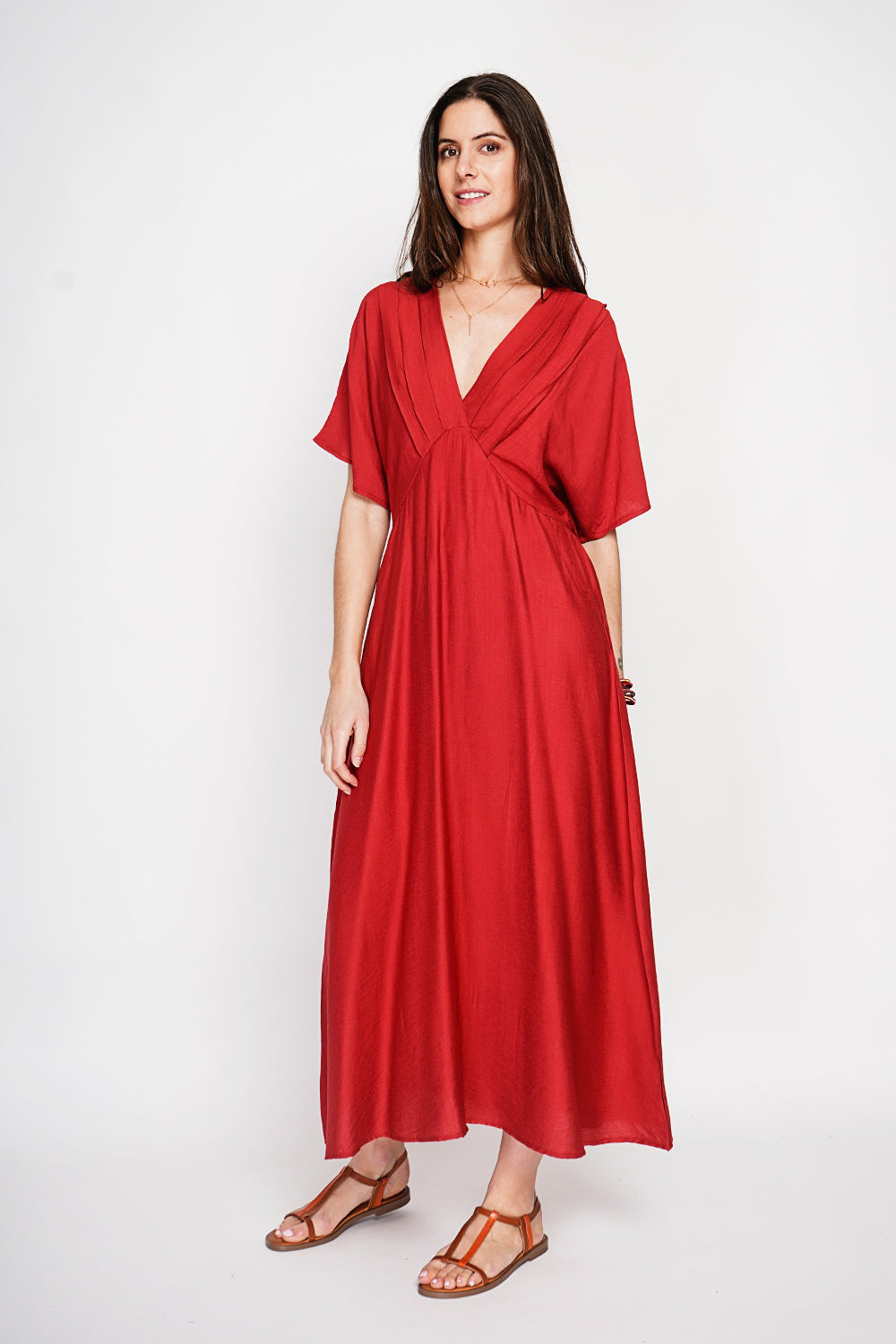 Robe longue col V à manches chauve-souris – Rooibos – Le Jardin du Lin