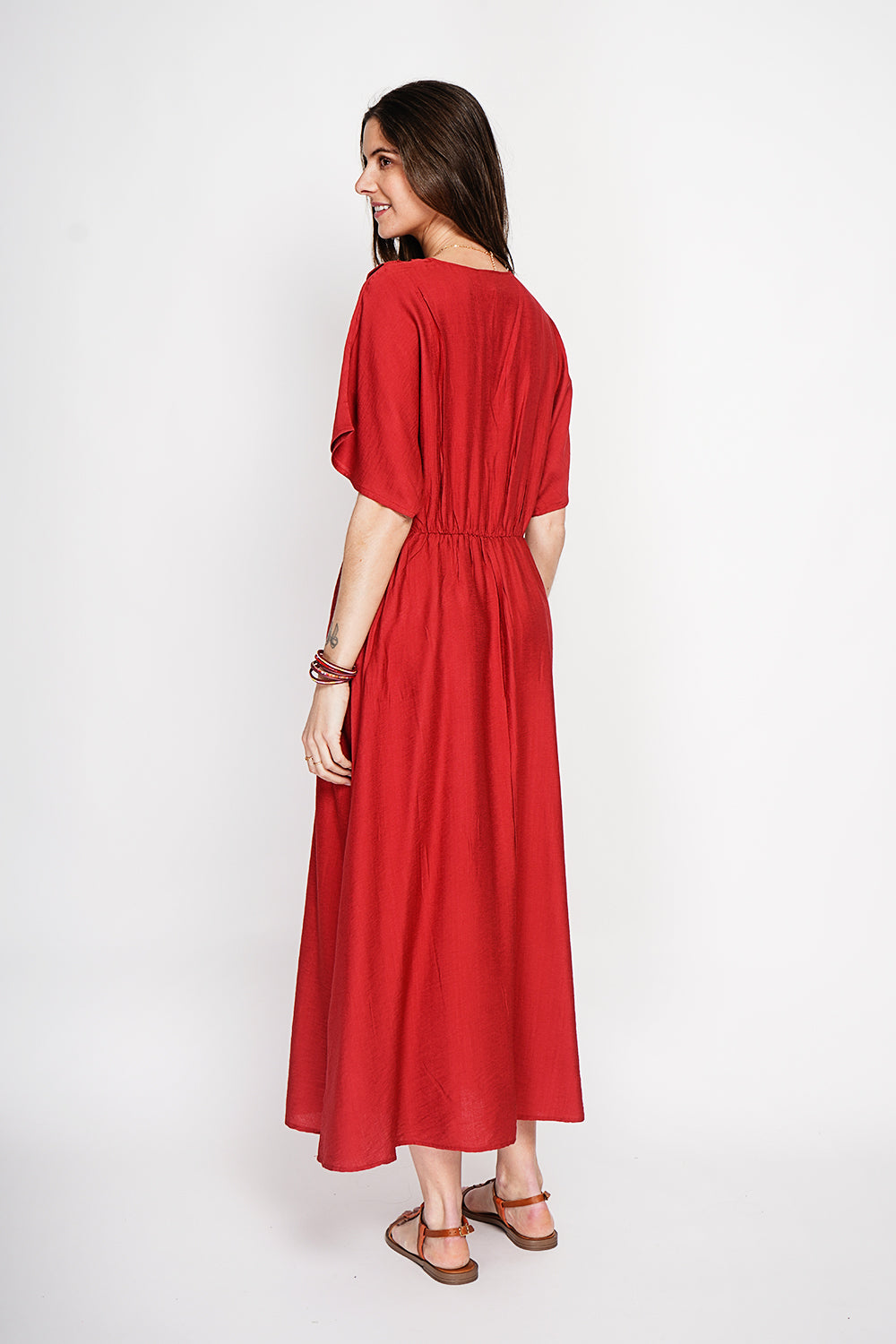 Robe longue col V à manches chauve-souris – Rooibos – Le Jardin du Lin