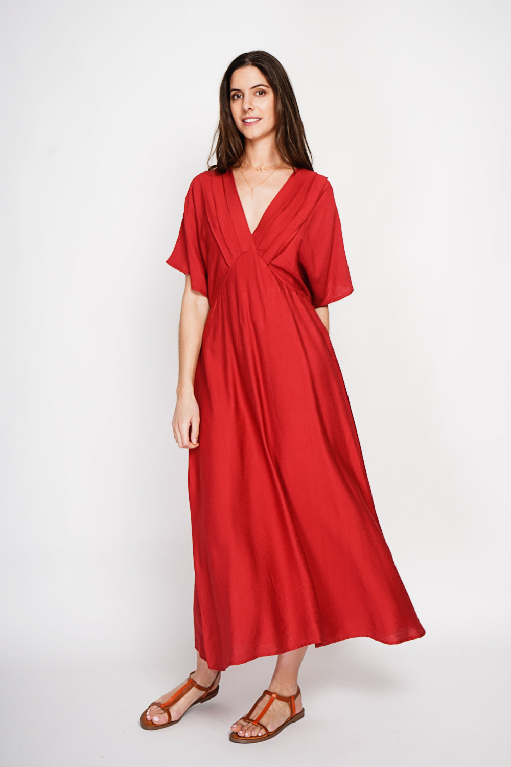 Robe longue col V à manches chauve-souris – Rooibos – Le Jardin du Lin