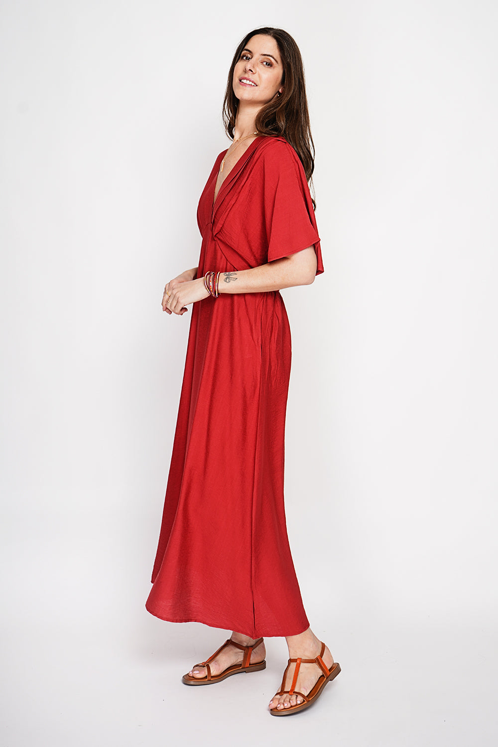 Robe longue col V à manches chauve-souris – Rooibos – Le Jardin du Lin
