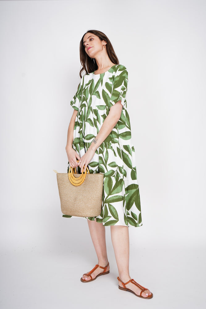 Long printed babydoll dress – Emerald green – Le Jardin du Lin