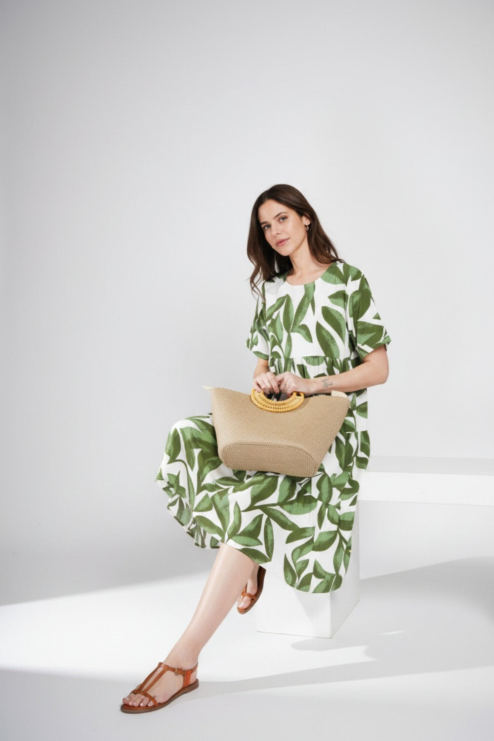 Robe longue babydoll imprimée – Vert émeraude – Le Jardin du Lin
