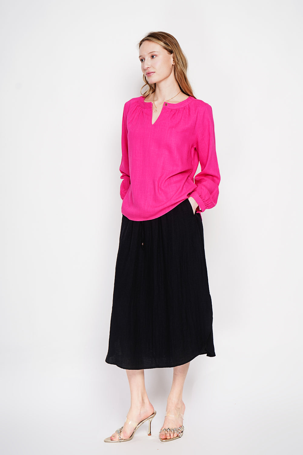 Blouse col tunisien boutonnée, manches longues – Fuchsia – Le Jardin du Lin