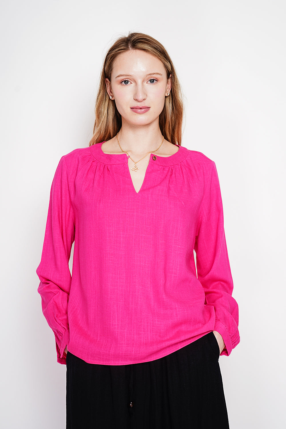Blouse col tunisien boutonnée, manches longues – Fuchsia – Le Jardin du Lin