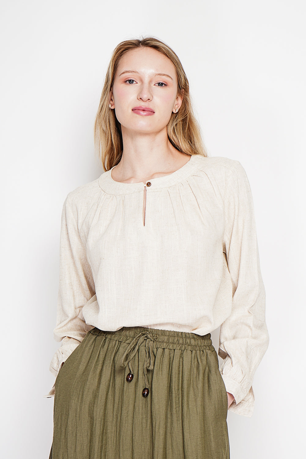 Blouse col tunisien boutonnée, manches longues – Lin – Le Jardin du Lin