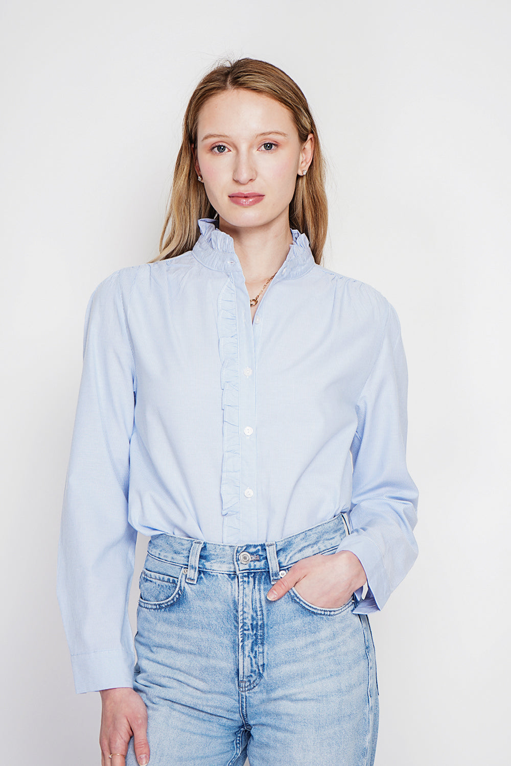 Chemise rayée col montant boutonnée, manches longues – Bleu azur – Le Jardin du Lin