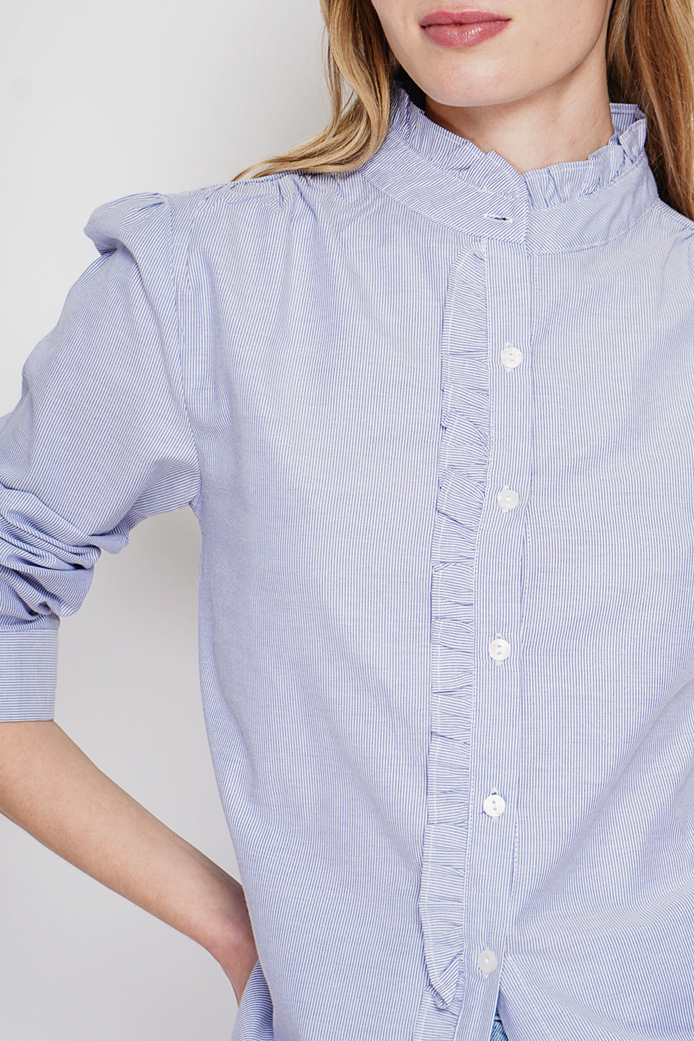 Chemise rayée col montant boutonnée, manches longues – Bleu marine – Le Jardin du Lin