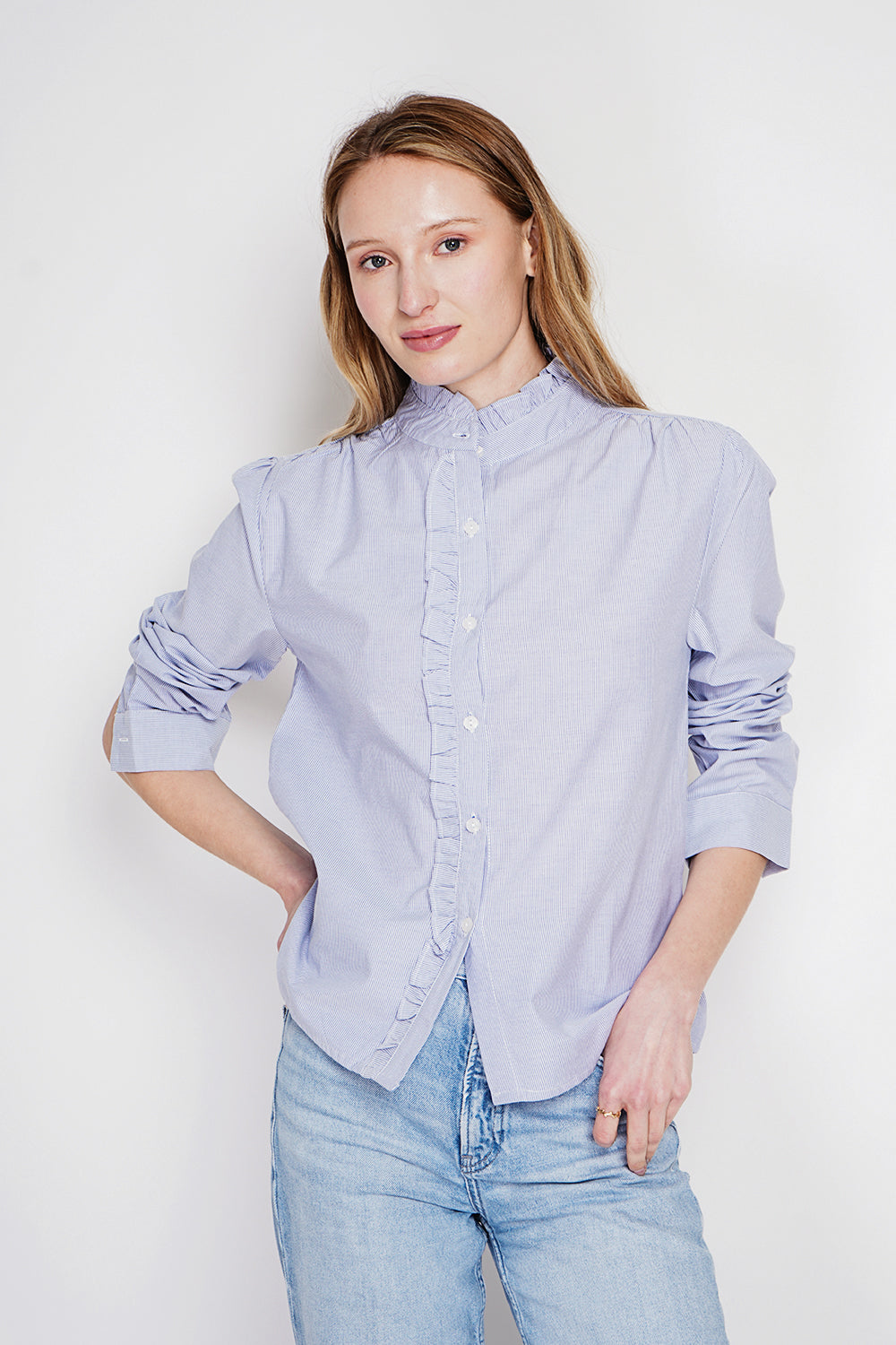 Chemise rayée col montant boutonnée, manches longues – Bleu marine – Le Jardin du Lin