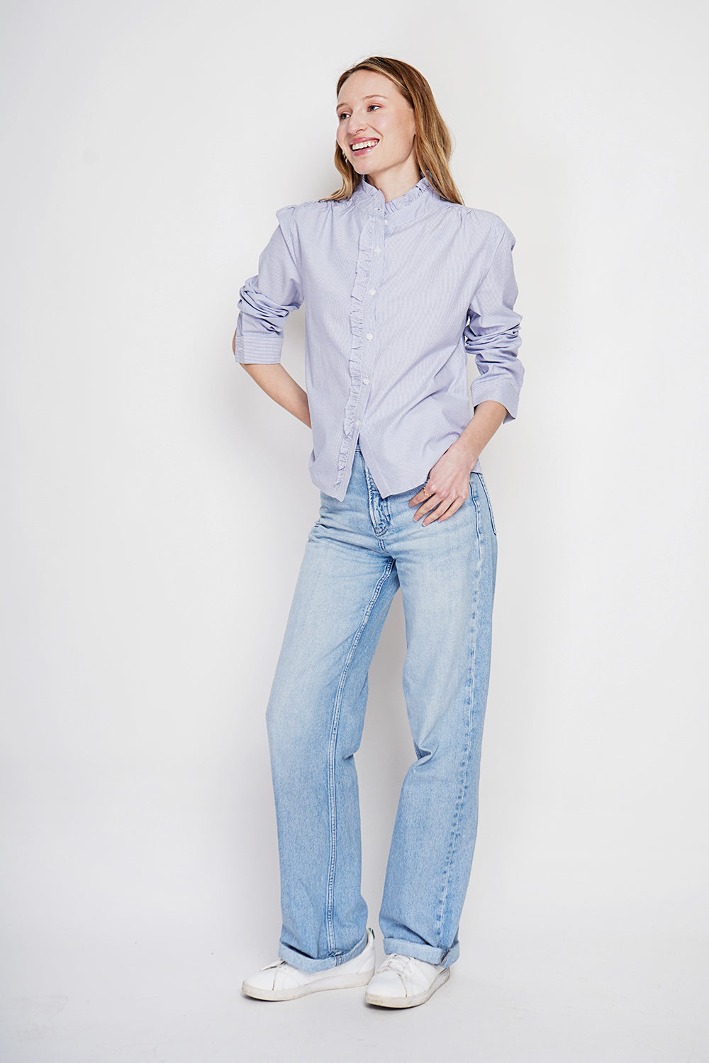 Chemise rayée col montant boutonnée, manches longues – Bleu marine – Le Jardin du Lin
