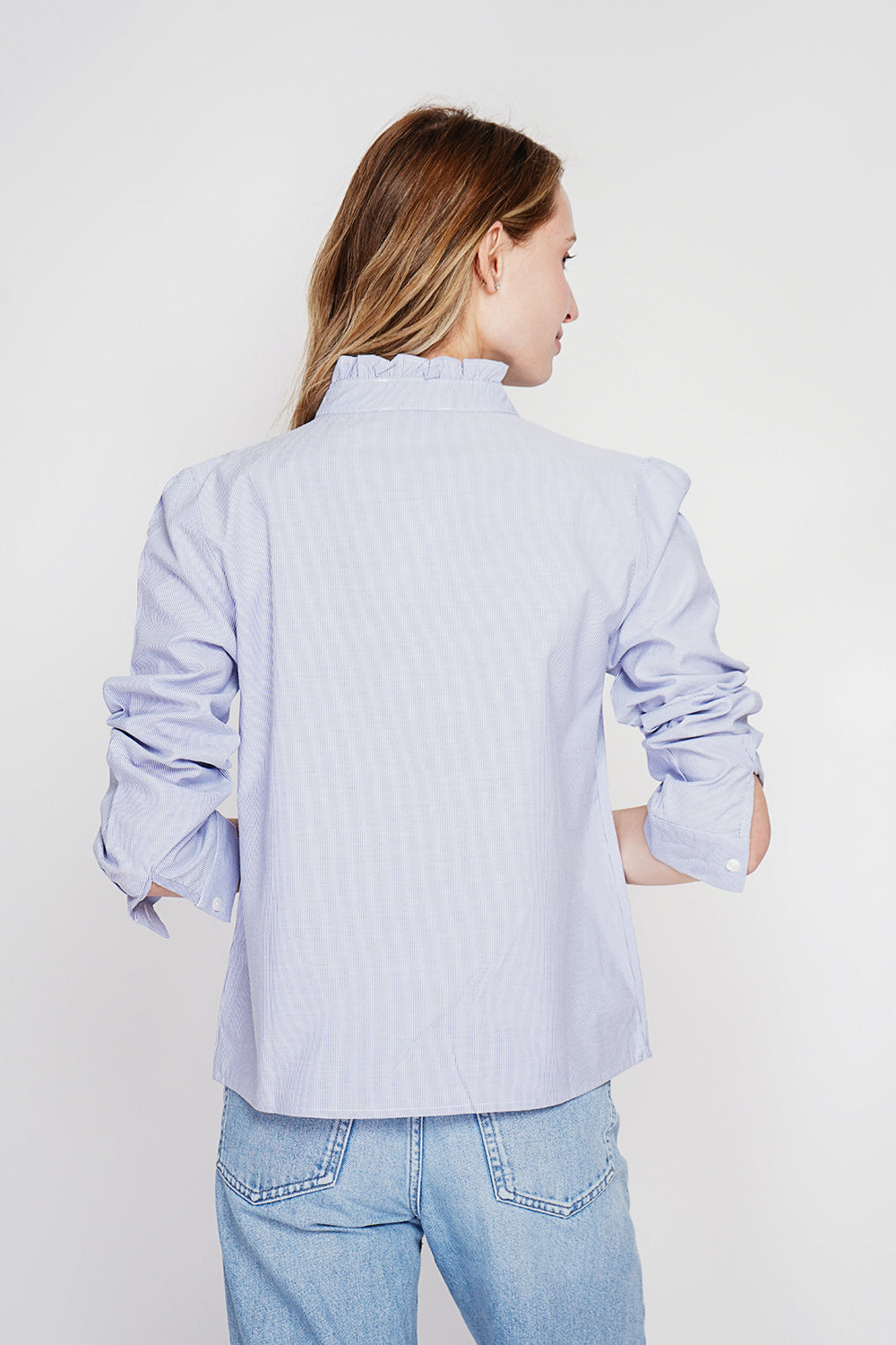 Chemise rayée col montant boutonnée, manches longues – Bleu marine – Le Jardin du Lin