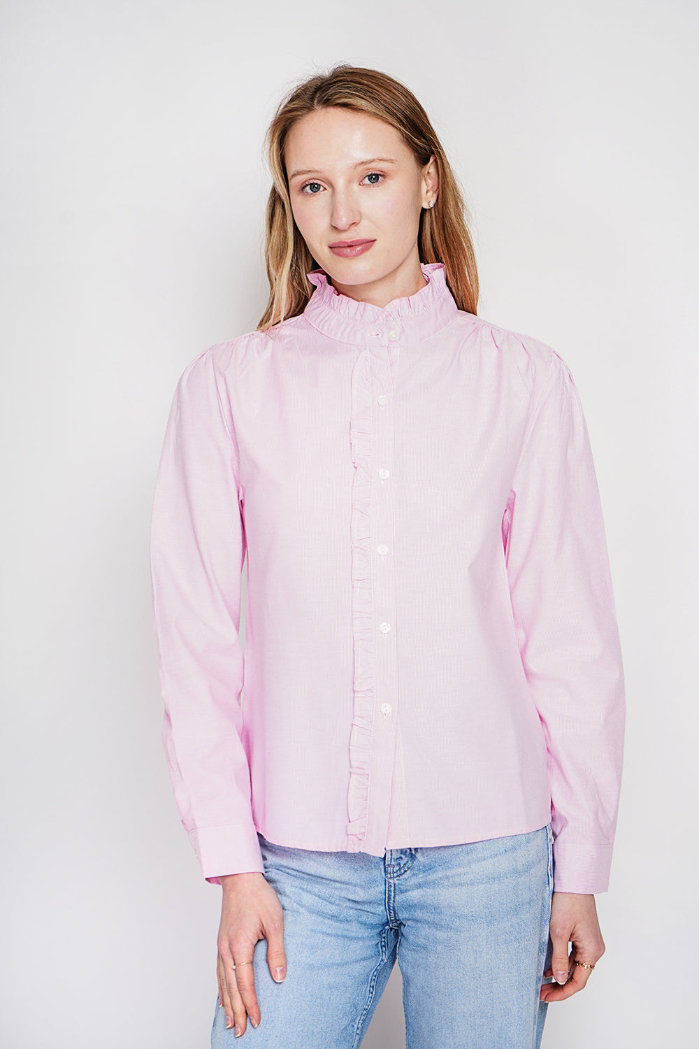 Chemise rayée col montant boutonnée, manches longues – Rose – Le Jardin du Lin
