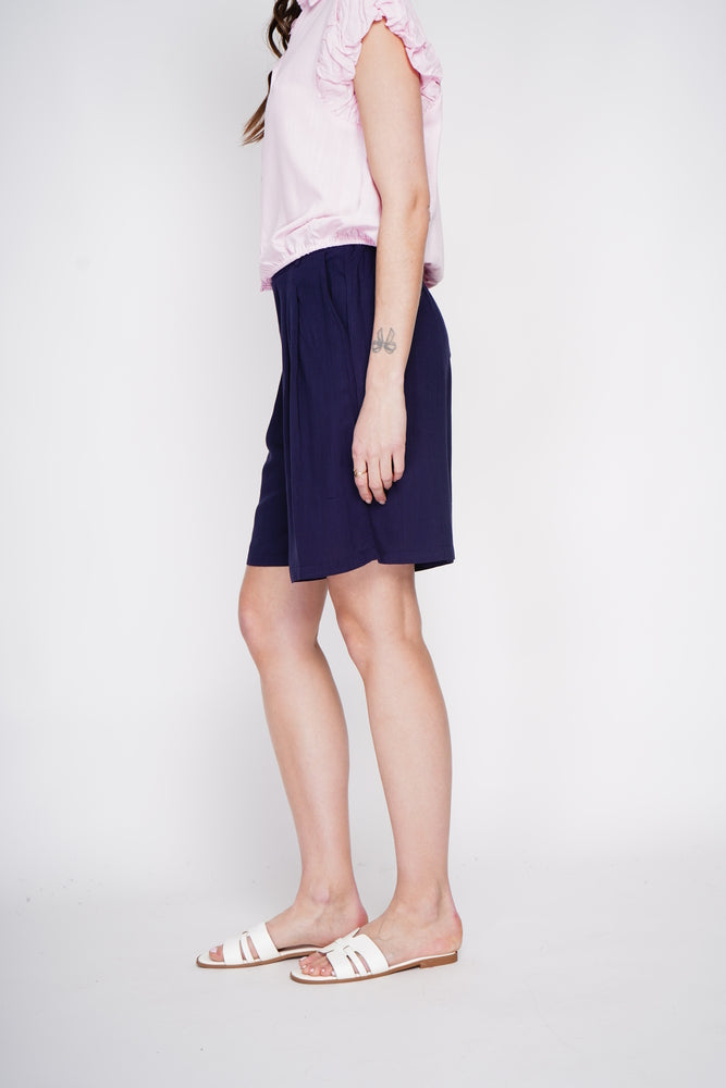 Bermuda taille haute coupe droite, poche latérale – Bleu marine – Le Jardin du Lin