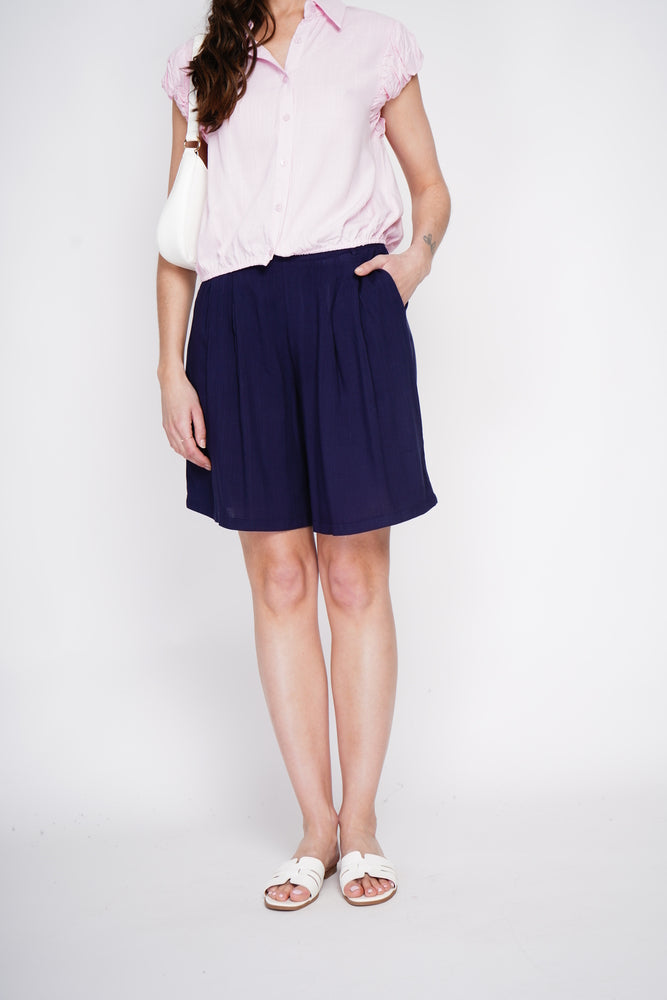 Bermuda taille haute coupe droite, poche latérale – Bleu marine – Le Jardin du Lin