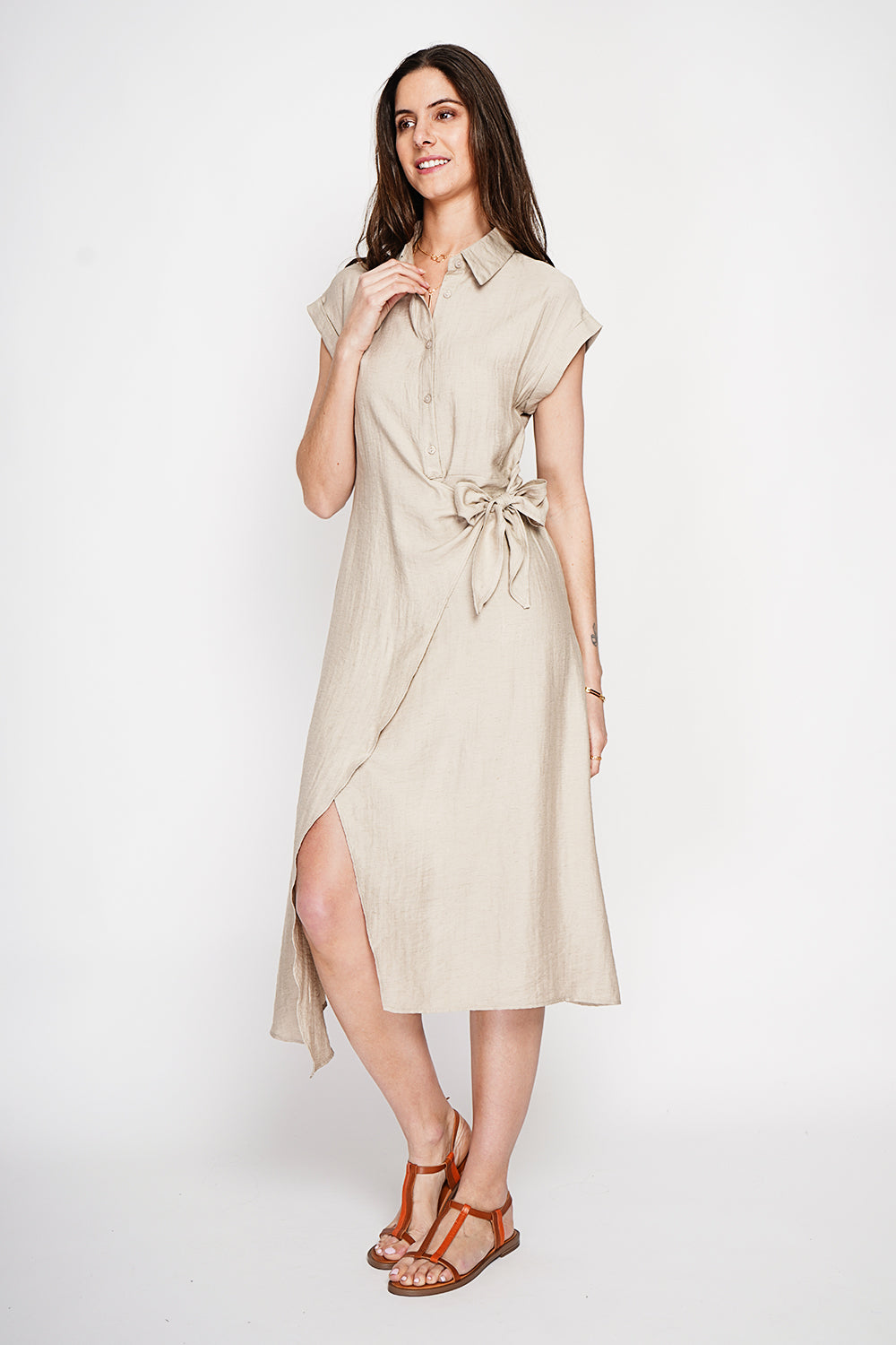Robe longue col chemise boutonnée devant coupe évasée – Lin – Le Jardin du Lin