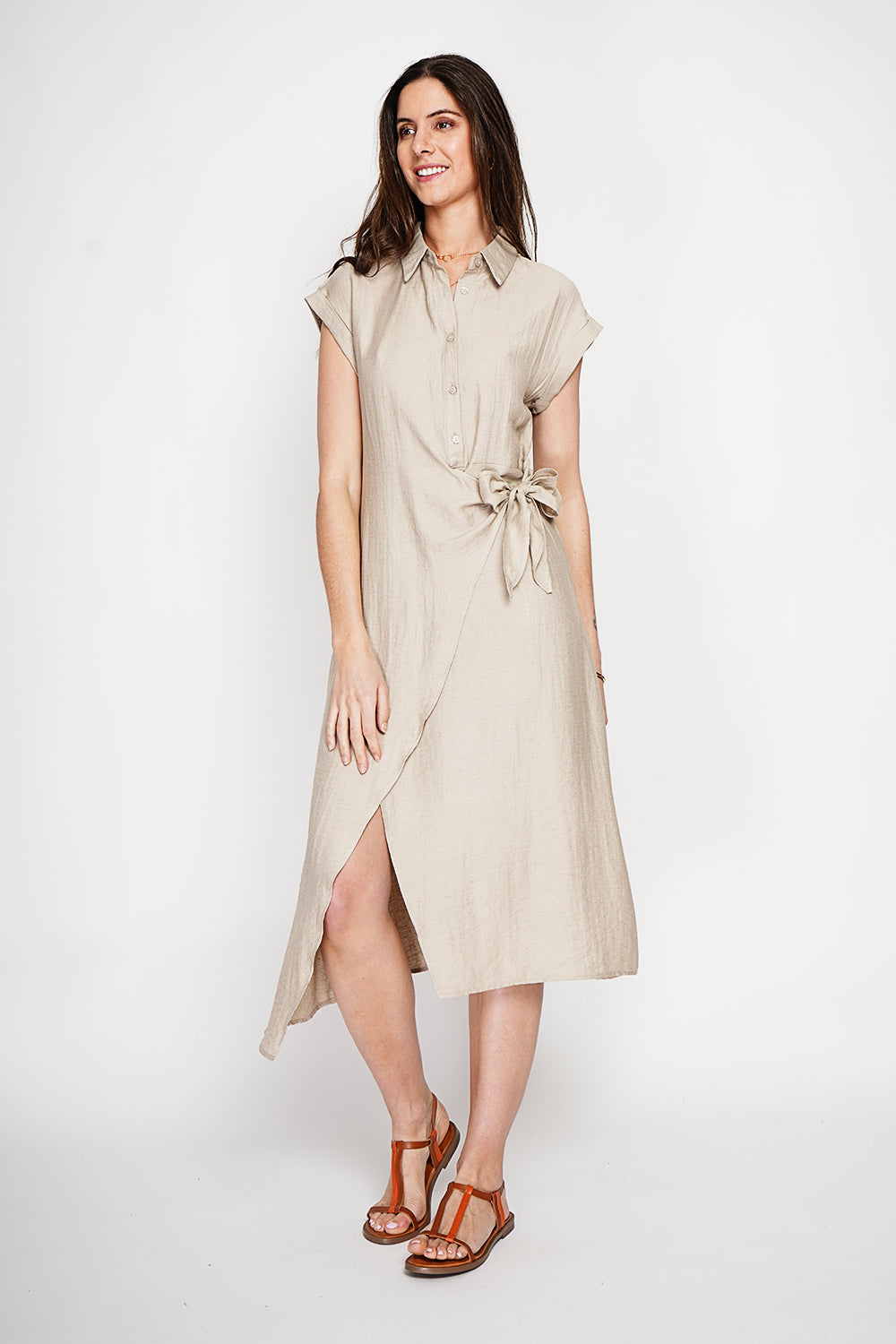 Robe longue col chemise boutonnée devant coupe évasée – Lin – Le Jardin du Lin