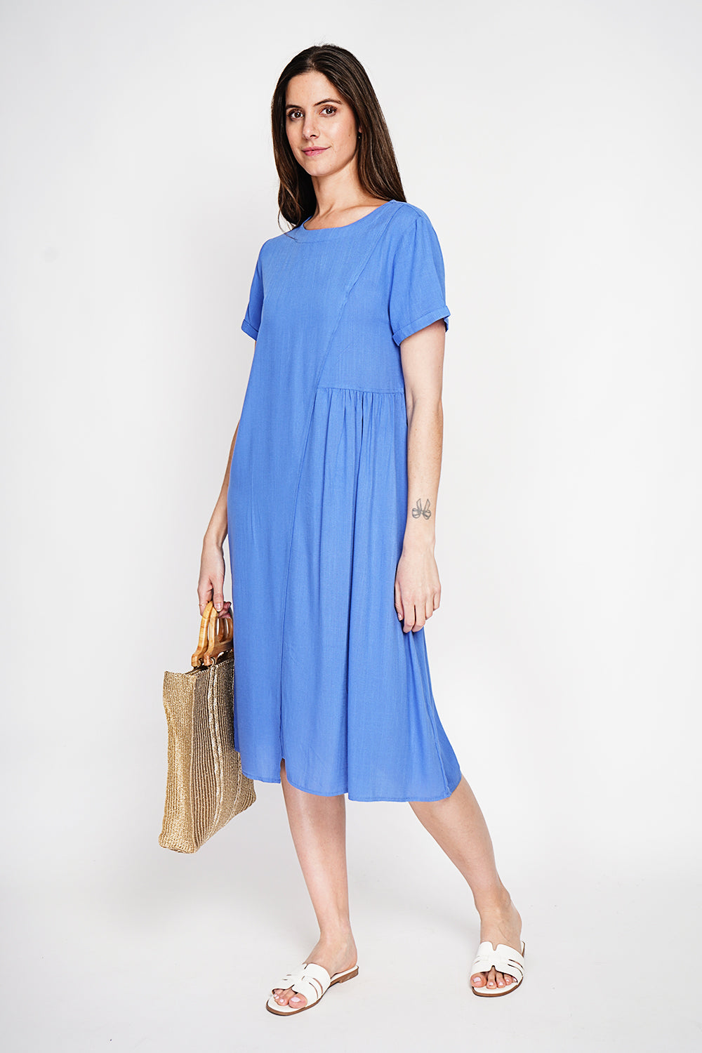 Robe découpe devant évasée à manches courtes – Bleu azur – Le Jardin du Lin
