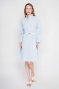 Robe évasée col mao boutonnée, manches longues rayées – Bleu ciel – Le Jardin du Lin