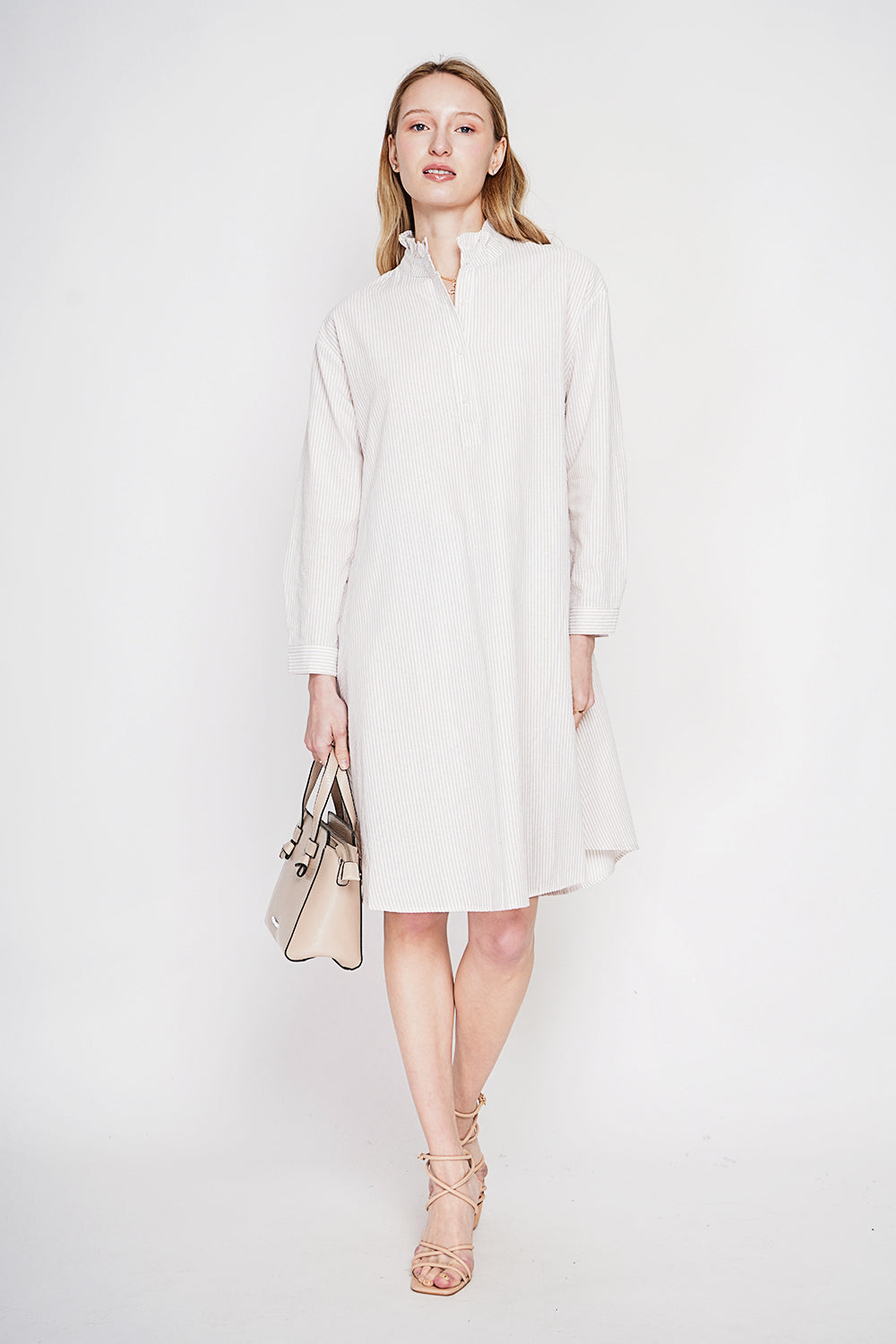 Robe évasée col mao boutonnée, manches longues rayées – Lin – Le Jardin du Lin