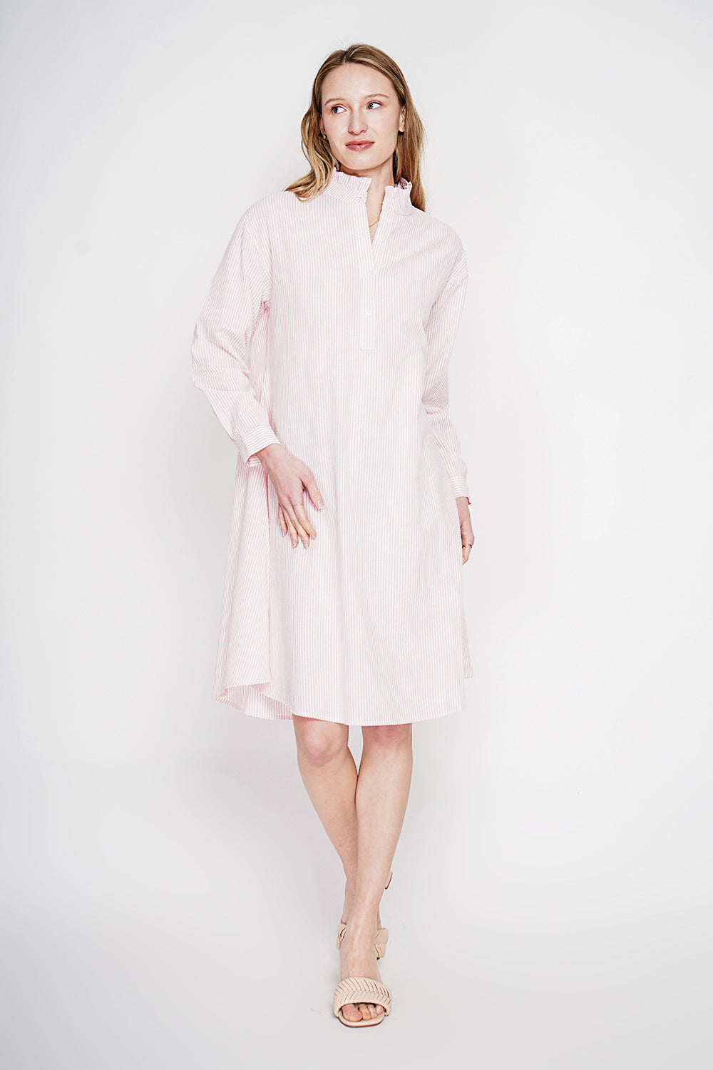 Robe évasée col mao boutonnée, manches longues rayées – Rose – Le Jardin du Lin