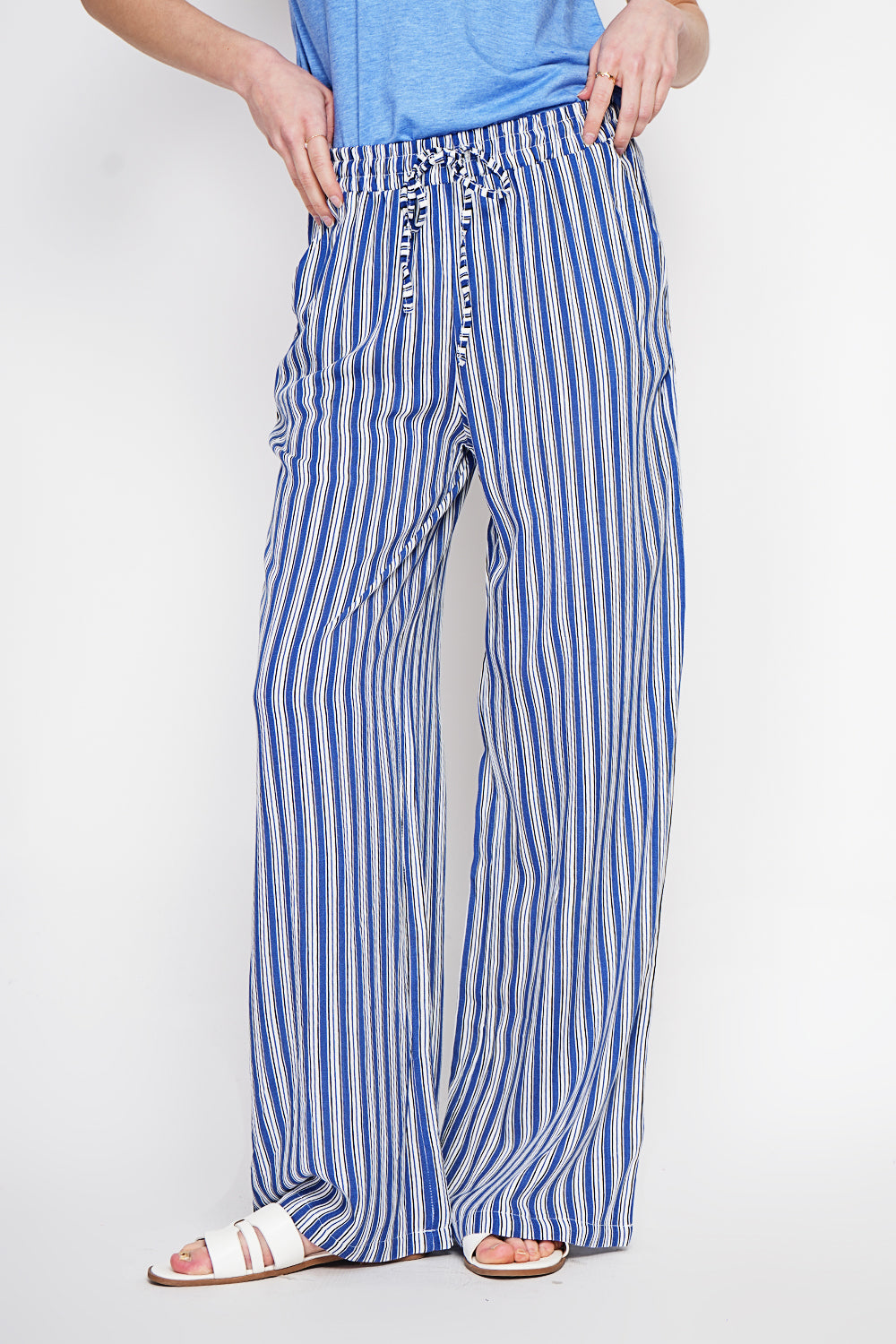 Pantalon rayé taille haute à cordon et poches – Bleu marine – Le Jardin du Lin