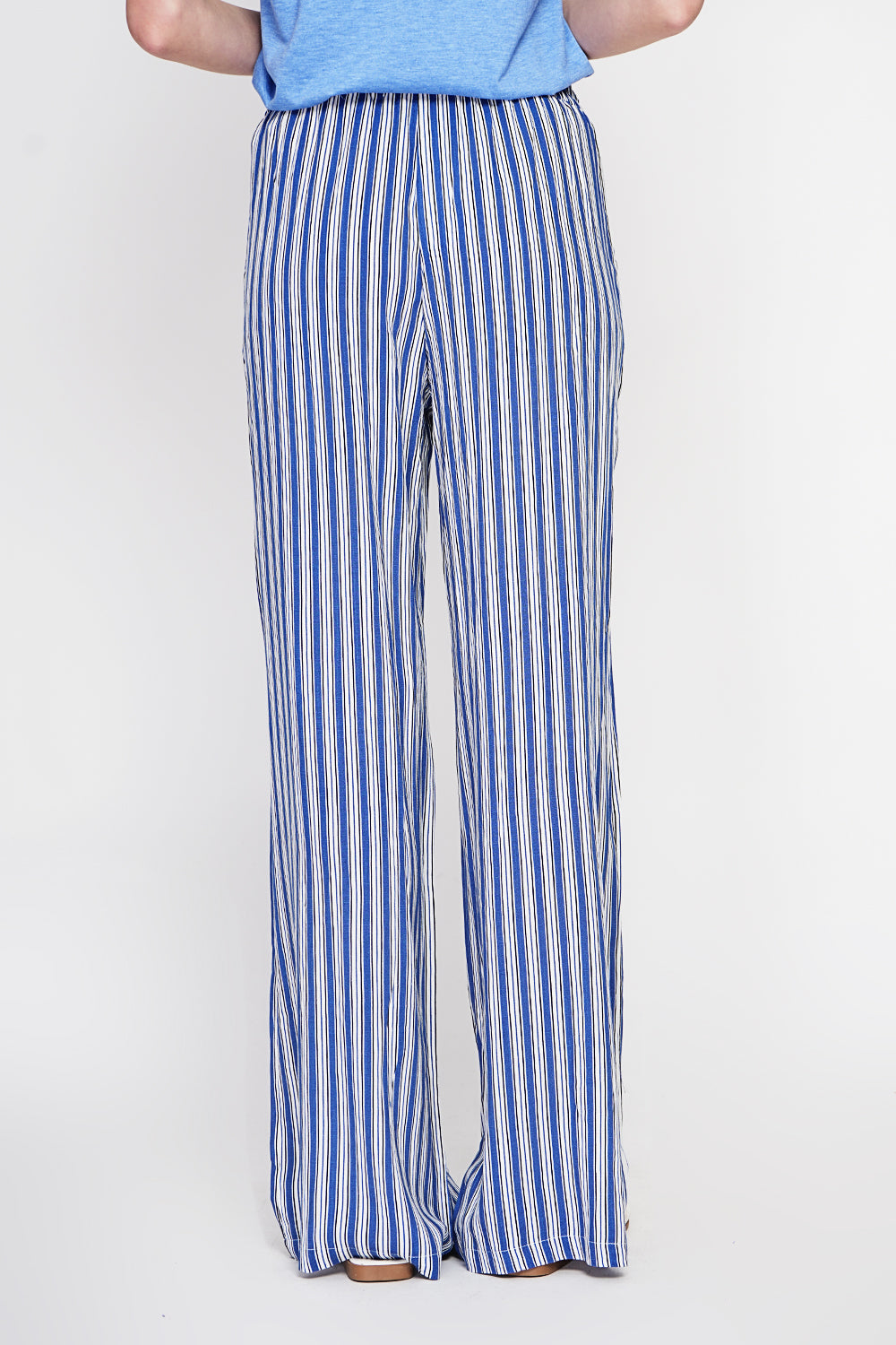 Pantalon rayé taille haute à cordon et poches – Bleu marine – Le Jardin du Lin