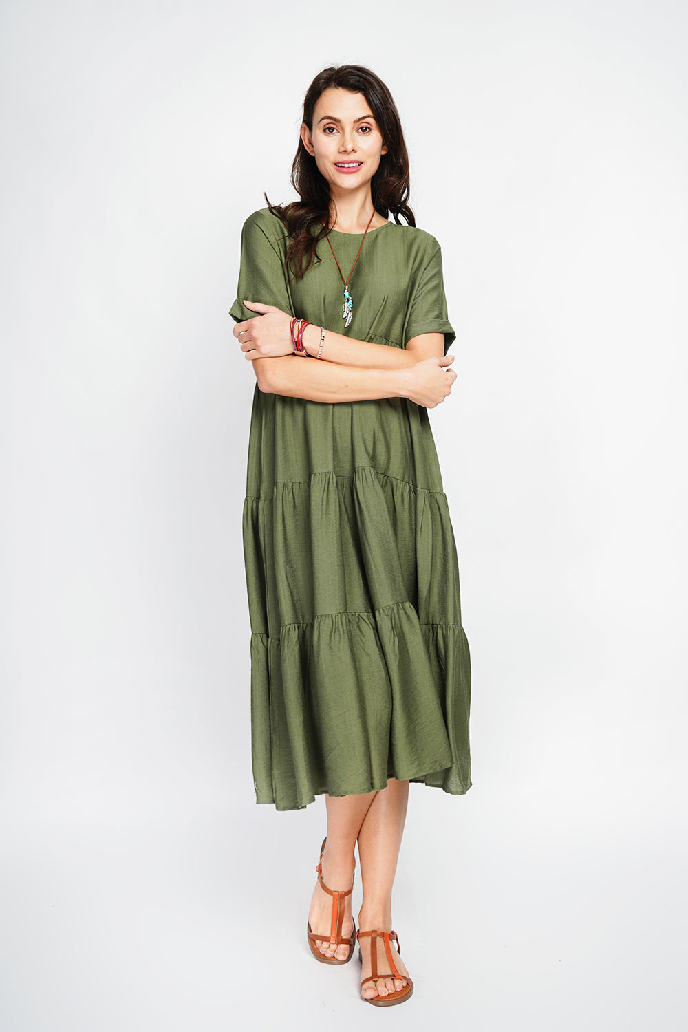 Robe longue coupe babydoll à manches courtes – Kaki – Le Jardin du Lin