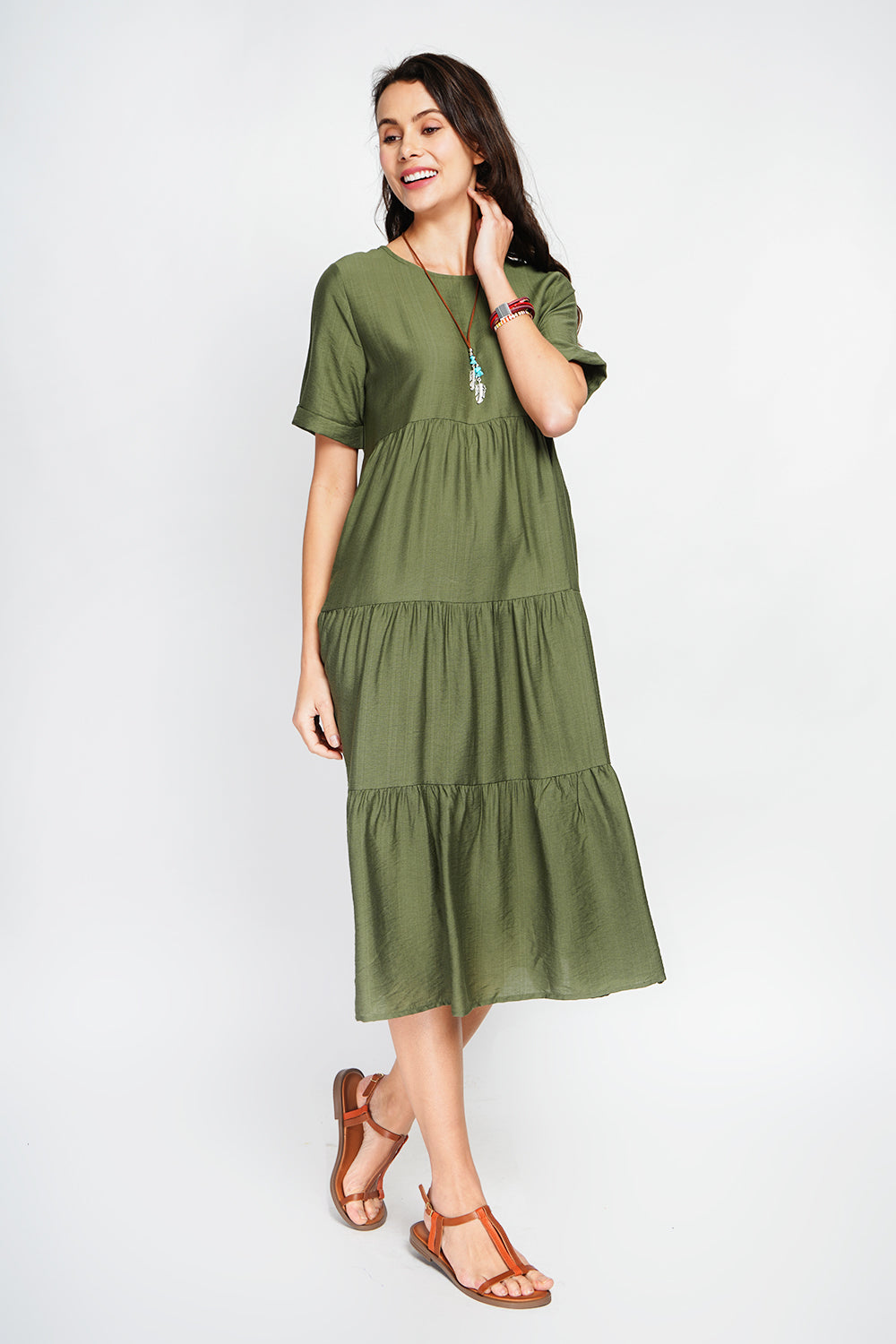 Robe longue coupe babydoll à manches courtes – Kaki – Le Jardin du Lin