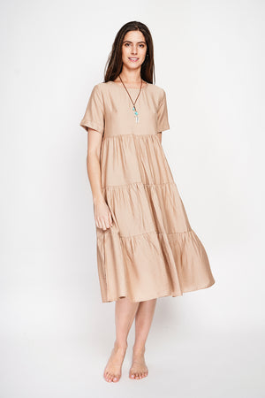 knee length babydoll dress LE JARDIN DU LIN - Short Sleeve Maxi - Khaki for Women Men's Custom Made Bespoke A slouchy sweatshirt dress bucket:Borrowed Blue Style:25mm