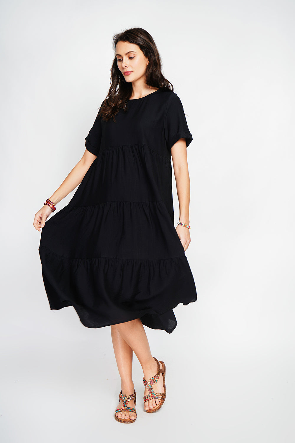 Babydoll long dress with short sleeves – Black – Le Jardin du Lin