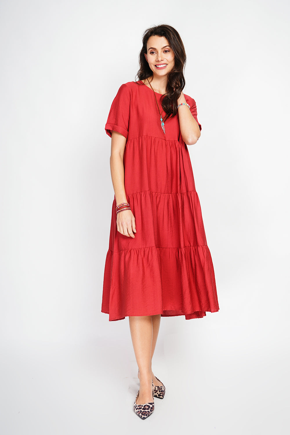 Robe longue coupe babydoll à manches courtes – Rooibos – Le Jardin du Lin