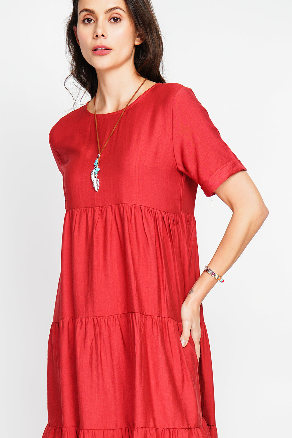 Robe longue coupe babydoll à manches courtes – Rooibos – Le Jardin du Lin
