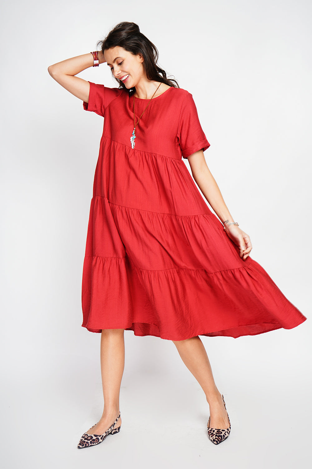 Robe longue coupe babydoll à manches courtes – Rooibos – Le Jardin du Lin