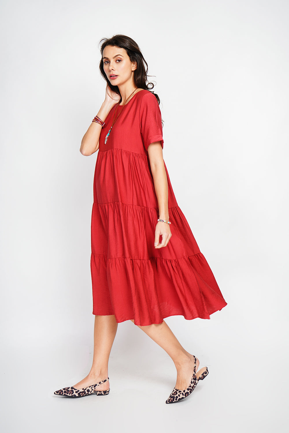Babydoll long dress with short sleeves – Rooibos – Le Jardin du Lin