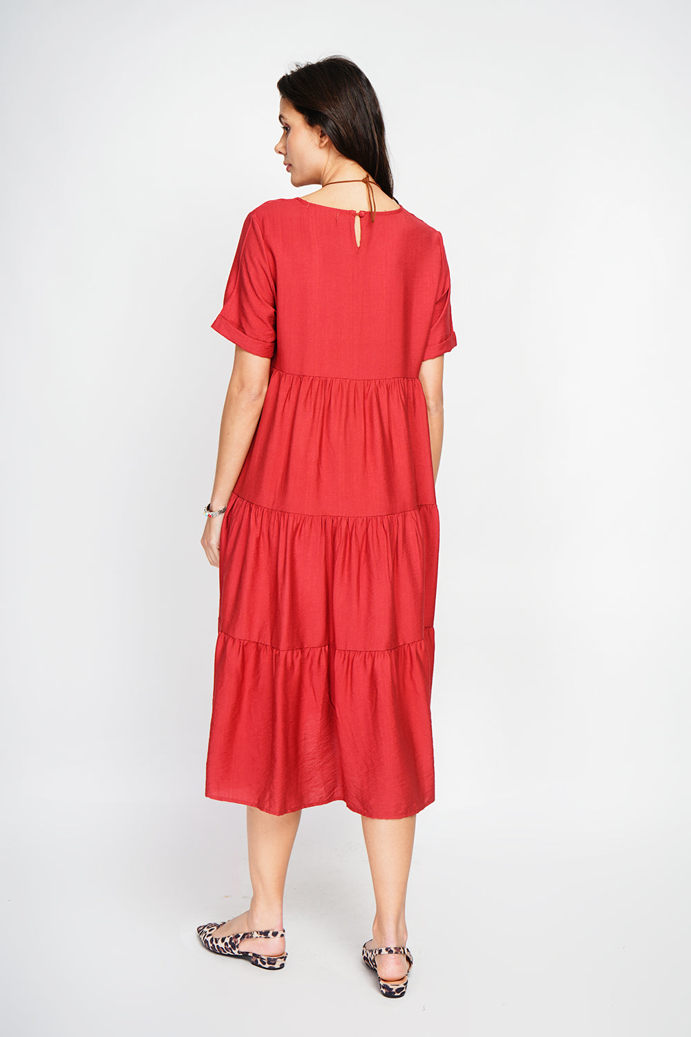 Robe longue coupe babydoll à manches courtes – Rooibos – Le Jardin du Lin