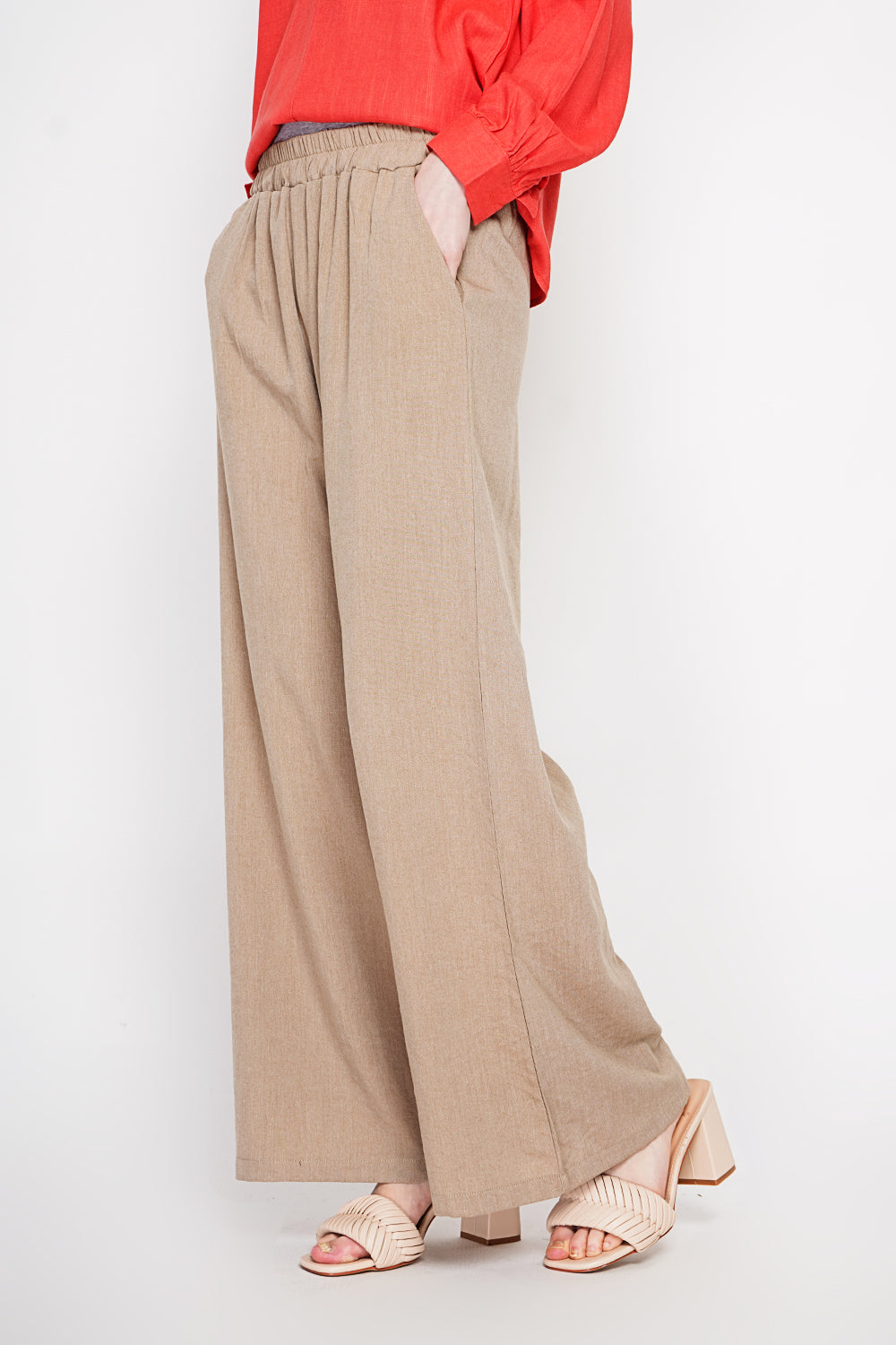 Pantalon large taille haute avec poches – Camel – Le Jardin du Lin
