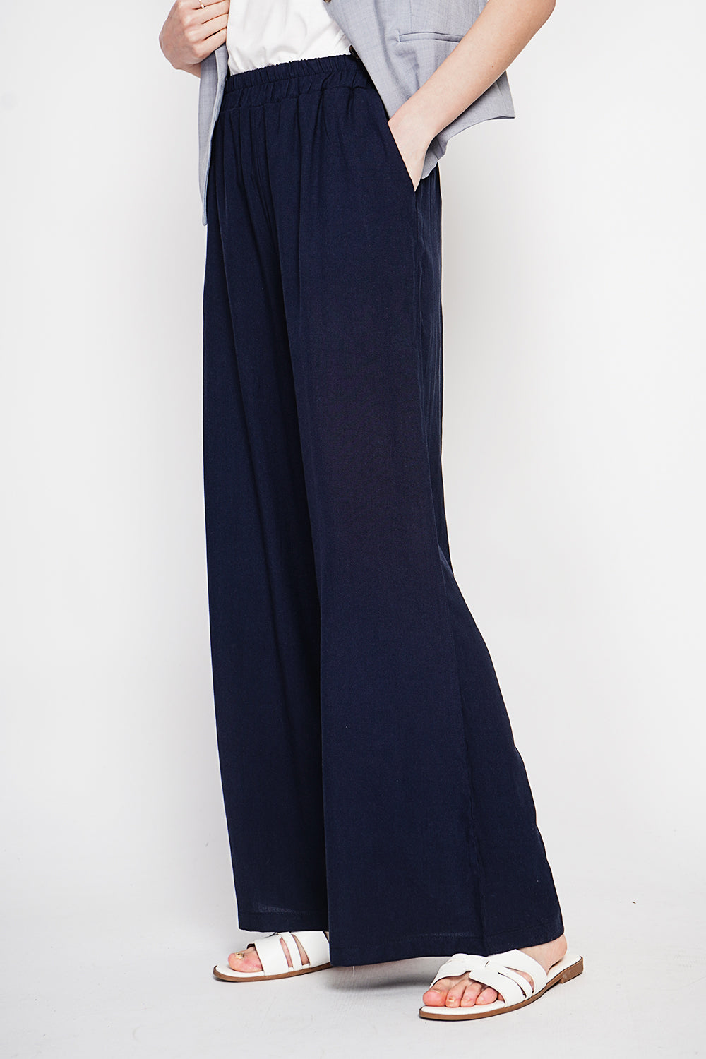 Pantalon large taille haute avec poches – Bleu marine – Le Jardin du Lin