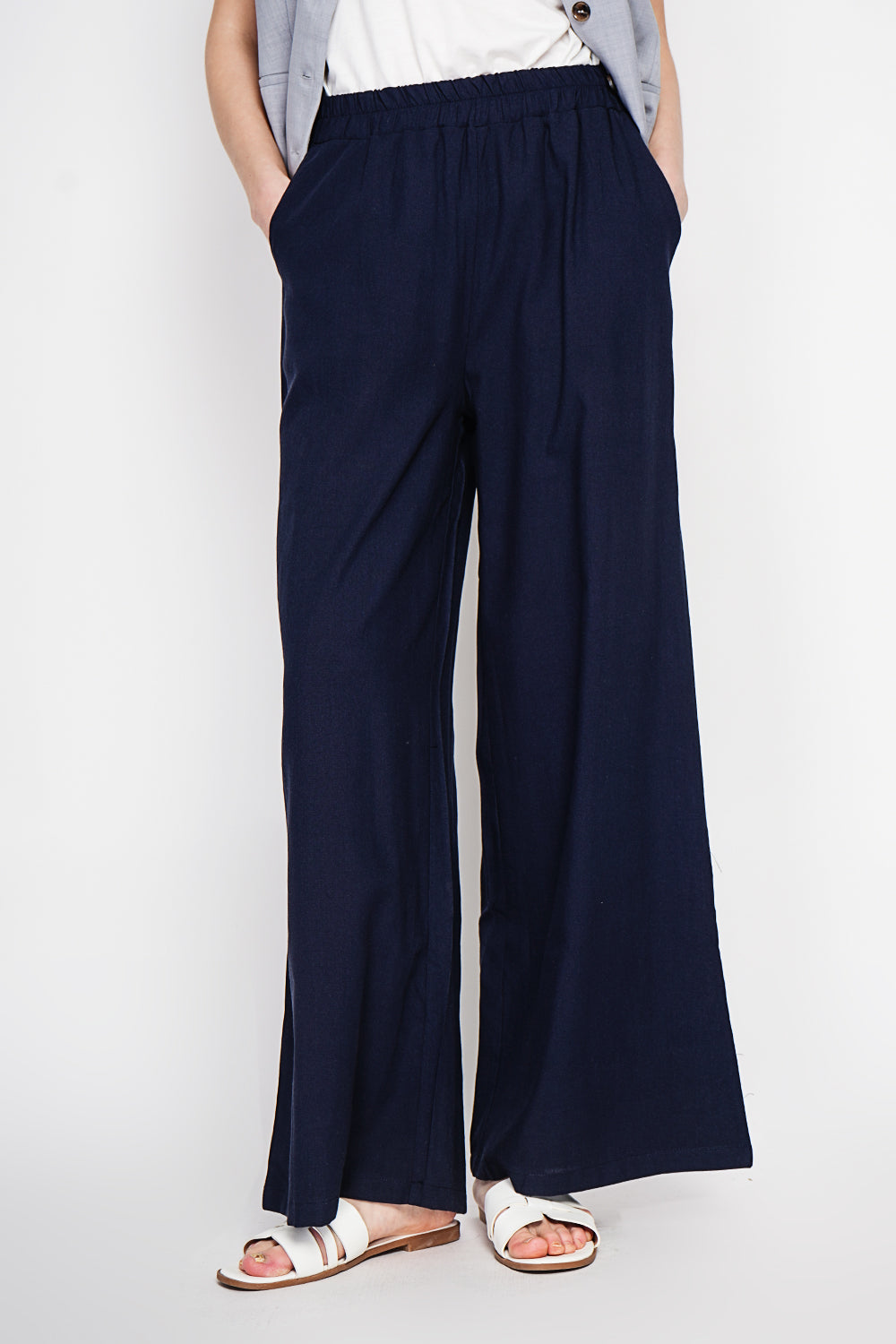 Pantalon large taille haute avec poches – Bleu marine – Le Jardin du Lin