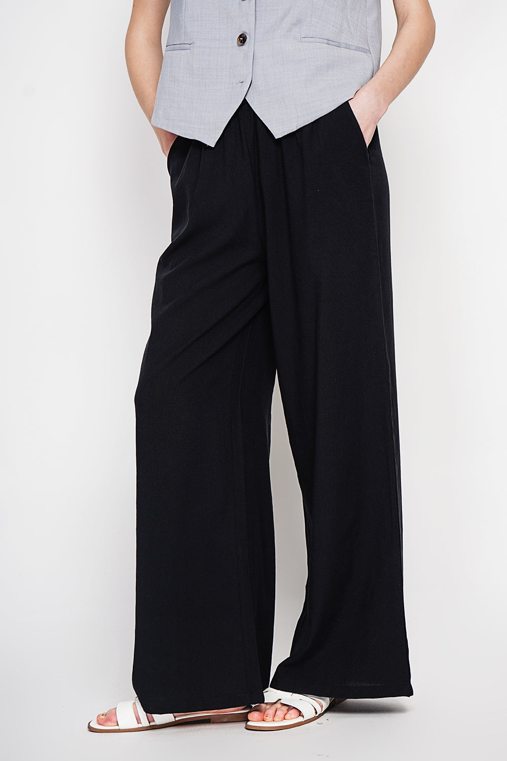 Pantalon large taille haute avec poches – Noir – Le Jardin du Lin